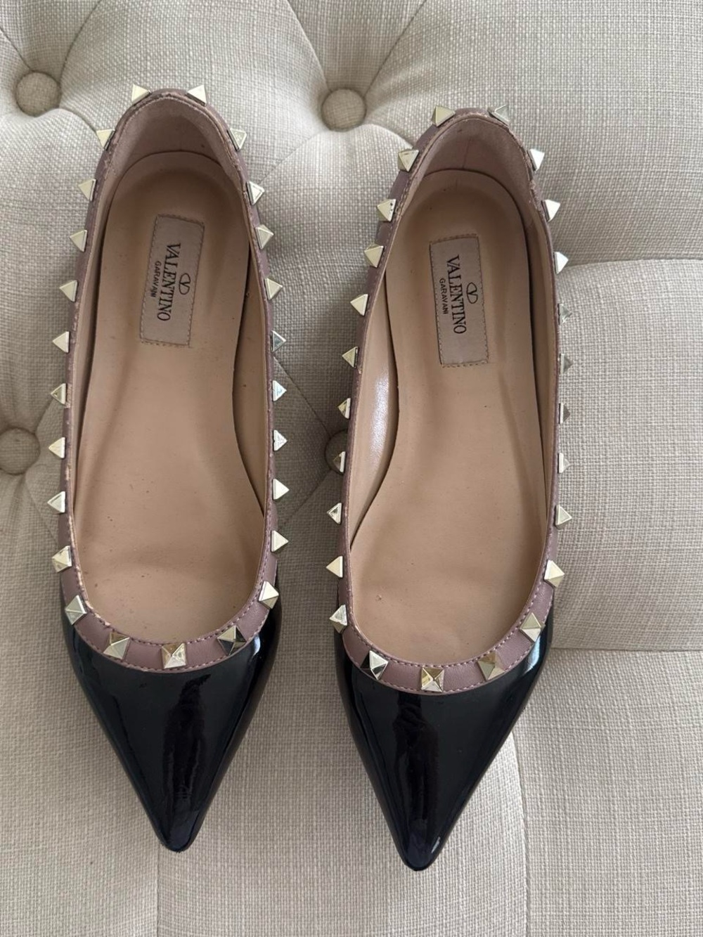 Valentino Black Patent Pointed Toe Rockstud Flats with Nude Trim